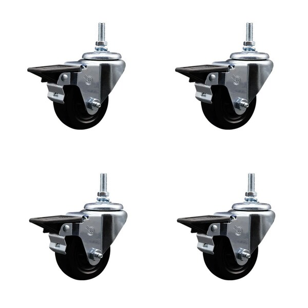 3 Inch Hard Rubber 38 Inch Threaded Stem Caster Set with Brake